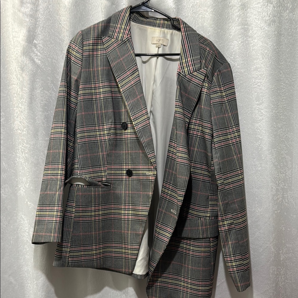 LOFT Gray and Red Blazer Classic Plaid Suit Jacket